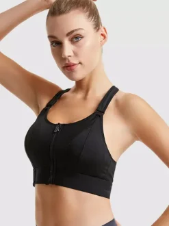 Linge de Mariée Soutien-gorge de sport bustier blanc bicolore gainant à fermeture éclair sur le devant pour femme soutien-gorge de yoga sans armatures à maintien élevé et dos nageur