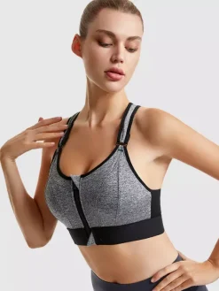 Linge de Mariée Soutien-gorge de sport bustier blanc bicolore gainant à fermeture éclair sur le devant pour femme soutien-gorge de yoga sans armatures à maintien élevé et dos nageur