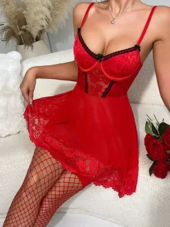 Lingerie Babydolls Robe Corset Sexy en Dentelle Rouge Avec Bas