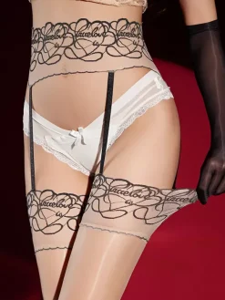 Lingerie Collants Bas Sexy Violet Brillant Noir Lacés Cuisses Transparentes Imprimées Bicolores Dentelle Taille Body avec Jarretières
