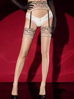 Lingerie Collants Bas Sexy Violet Brillant Noir Lacés Cuisses Transparentes Imprimées Bicolores Dentelle Taille Body avec Jarretières