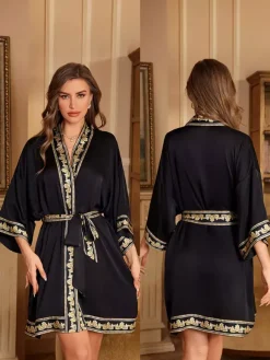 Lingerie de mariée pyjamas vêtements de nuit robes de chambre nuisettes imprimées bleu marine à lacets