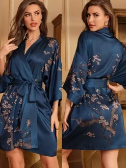 Lingerie de mariée pyjamas vêtements de nuit robes de chambre nuisettes imprimées bleu marine à lacets
