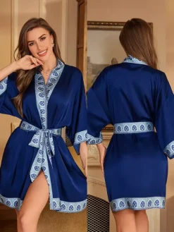 Lingerie de mariée pyjamas vêtements de nuit robes de chambre nuisettes imprimées bleu marine à lacets