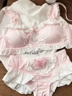Lingerie Ensemble soutien-gorge culotte bleu ciel clair avec n艙uds volant bicolores 2 pièces chic femme