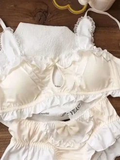 Lingerie Ensemble soutien-gorge culotte bleu ciel clair avec n艙uds volant bicolores 2 pièces chic femme