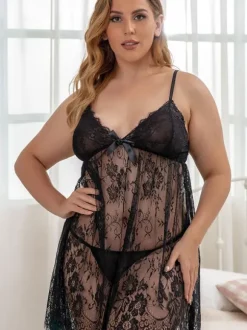 Lingerie Grande Taille Nuisette Moulante Lingerie Sexy Femme avec Bretelles à Col Décolleté en V Unicolore