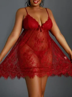 Lingerie Grande Taille Nuisette Moulante Lingerie Sexy Femme avec Bretelles à Col Décolleté en V Unicolore