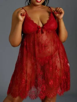 Lingerie Grande Taille Nuisette Moulante Lingerie Sexy Femme avec Bretelles à Col Décolleté en V Unicolore