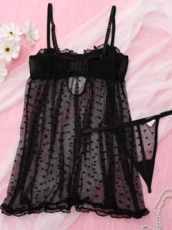 Lingerie Babydoll Pour Femme Noir Imprimé Floral Polyester Sexy Avec Pantalon