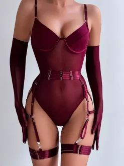 Lingerie Bordeaux Détails Métalliques Teddies Nounours Sexy Femmes