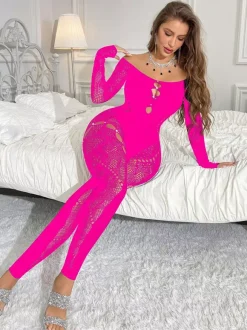 Lingerie Collants Bodybas en dentelle noire strass manches longues découpes collants transparents intégraux