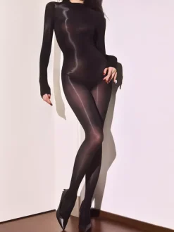 Lingerie collants body unisexe couleur chair sans coutures col montant brillant combinaison intégrale 5D échancrée jusqu'aux cuisses
