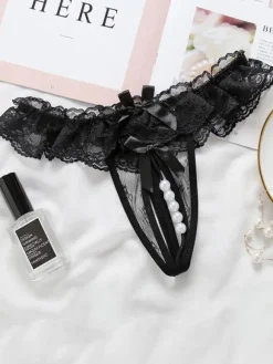 Lingerie Fendue Culotte en Dentelles Lingeries Sexy Femmes Creusantes avec Perles Unicolore Culotte en Dentelles Lingeries Sexy Femmes