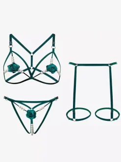 Lingerie Fendue Ensemble soutien-gorge et culotte à fleurs rouges 3 pièces avec bonnets ouverts Lingerie sexy