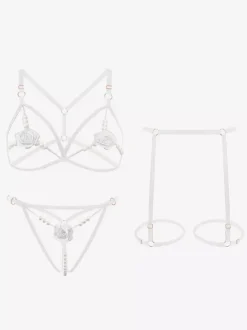 Lingerie Fendue Ensemble soutien-gorge et culotte à fleurs rouges 3 pièces avec bonnets ouverts Lingerie sexy