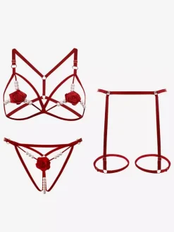 Lingerie Fendue Ensemble soutien-gorge et culotte à fleurs rouges 3 pièces avec bonnets ouverts Lingerie sexy