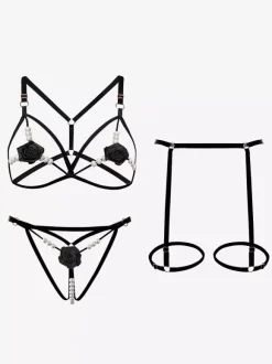 Lingerie Fendue Ensemble soutien-gorge et culotte à fleurs rouges 3 pièces avec bonnets ouverts Lingerie sexy