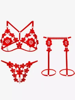 Lingerie Fendue Ensemble soutien-gorge et culotte à bonnets ouverts lingerie sexy en dentelle blanche cloutée 3 pièces
