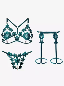 Lingerie Fendue Ensemble soutien-gorge et culotte à bonnets ouverts lingerie sexy en dentelle blanche cloutée 3 pièces