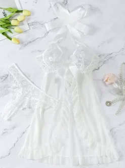 Lingerie Robe à Bretelle Nuisettes sexy en dentelle transparente blanche sexy