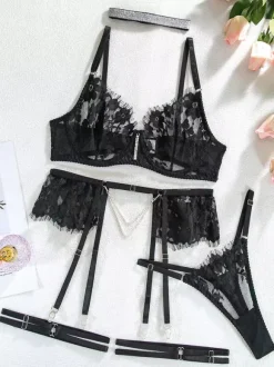 Lingerie Soutiens-Gorge Sous-Vêtement Pour Femme Noir Strass 3 Pièces