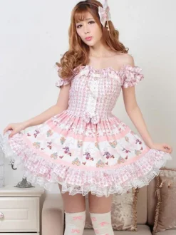 Lolita 2026 Robe Classique Robe Une Pièce OP Rose Pâle Imprimée Arcs Déguisements Halloween