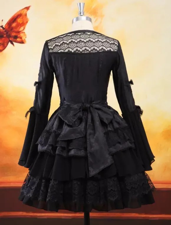 Lolita Robe Gothique noir à 1 pièce 2026 Longue Manches Hime à lacet Couches dentelle Déguisements