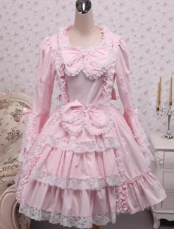 Lolita rose OP robe Hime longues manches dentelle blanche garniture arcs Déguisements Halloween