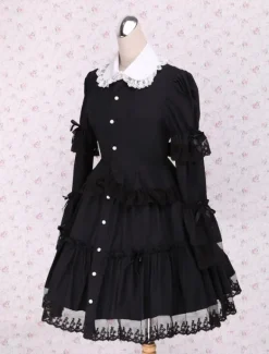 Lolita de coton noir OP robe manches longues ronde collier dentelle Déguisements