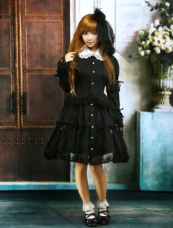 Lolita de coton noir OP robe manches longues ronde collier dentelle Déguisements