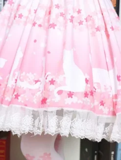 Lolita mignonne Jupe rose Sakura Kitty imprimée Lolita Skirt avec dentelle blanche Trim Shirring Déguisements Halloween
