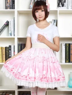 Lolita mignonne Jupe rose Sakura Kitty imprimée Lolita Skirt avec dentelle blanche Trim Shirring Déguisements Halloween