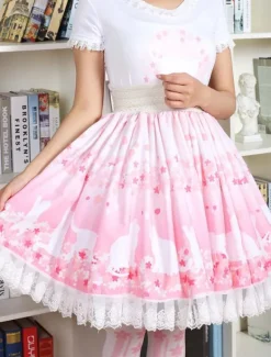 Lolita mignonne Jupe rose Sakura Kitty imprimée Lolita Skirt avec dentelle blanche Trim Shirring Déguisements Halloween