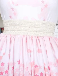 Lolita mignonne Jupe rose Sakura Kitty imprimée Lolita Skirt avec dentelle blanche Trim Shirring Déguisements Halloween