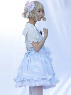 Lolita SK Jupe Style Pastoral Volants À Imprimée Fleurie Bleu Ciel Clair