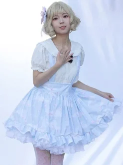 Lolita SK Jupe Style Pastoral Volants À Imprimée Fleurie Bleu Ciel Clair