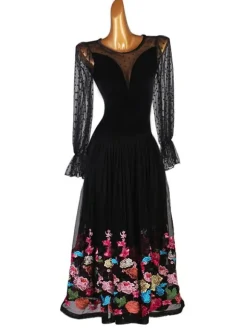 Lycra Salle de bal noire de danse Costumes Femmes Spandex Ensemble robe de broderie Wear de danse