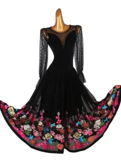Lycra Salle de bal noire de danse Costumes Femmes Spandex Ensemble robe de broderie Wear de danse