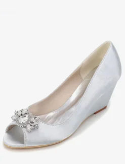 Magnifique chaussure de mariée en satin à talons compensés avec strass Escarpin