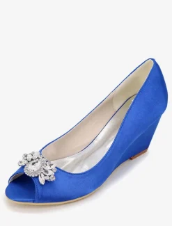 Magnifique chaussure de mariée en satin à talons compensés avec strass Escarpin