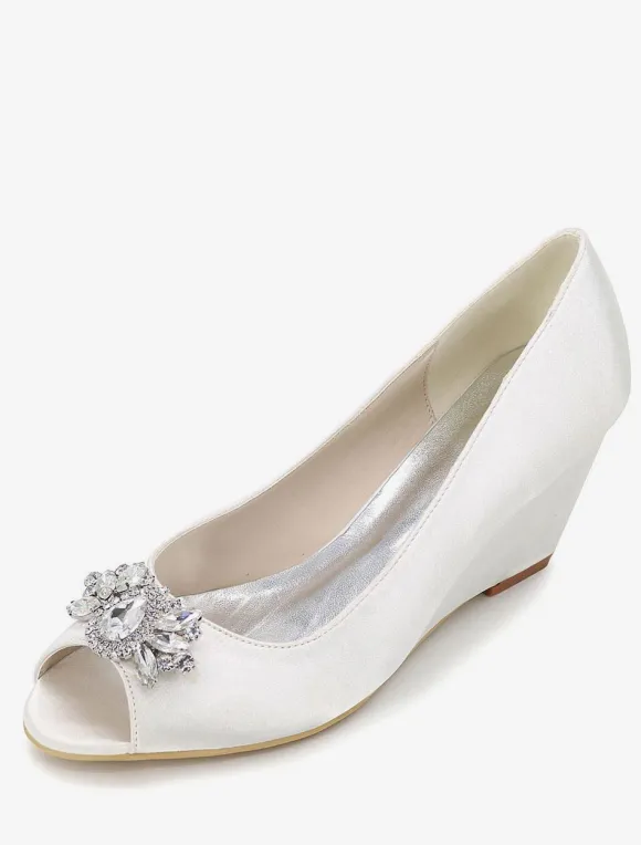 Magnifique chaussure de mariée en satin à talons compensés avec strass Escarpin
