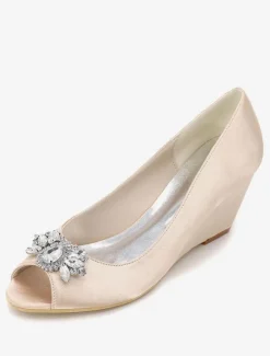 Magnifique chaussure de mariée en satin à talons compensés avec strass Escarpin