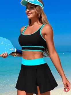Maillot de bain 2 pièces à contraste de couleurs avec jupe de sport de plage pour femme 2026