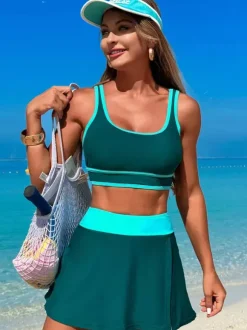 Maillot de bain 2 pièces à contraste de couleurs avec jupe de sport de plage pour femme 2026