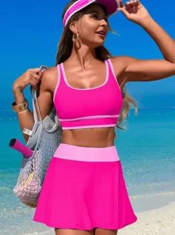 Maillot de bain 2 pièces à contraste de couleurs avec jupe de sport de plage pour femme 2026