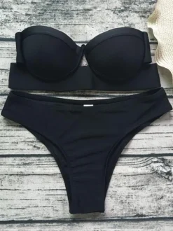 Maillot de Bain Bikini Ensembles 2 Pièces Femme Eté Taille Haute sans Bretelles à Col Décolleté avec Dos Nu Unicolore Sexy
