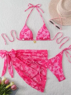 Maillot de bain bikini femme rose à lacets maillot de bain d'été pour la plage