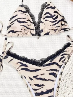 Maillot de bain bikini pour femme imprimé tigre dentelle maillot de bain sexy d'été