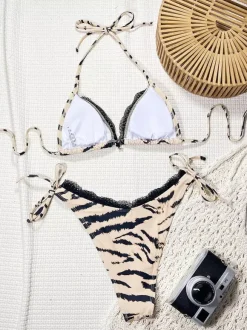 Maillot de bain bikini pour femme imprimé tigre dentelle maillot de bain sexy d'été